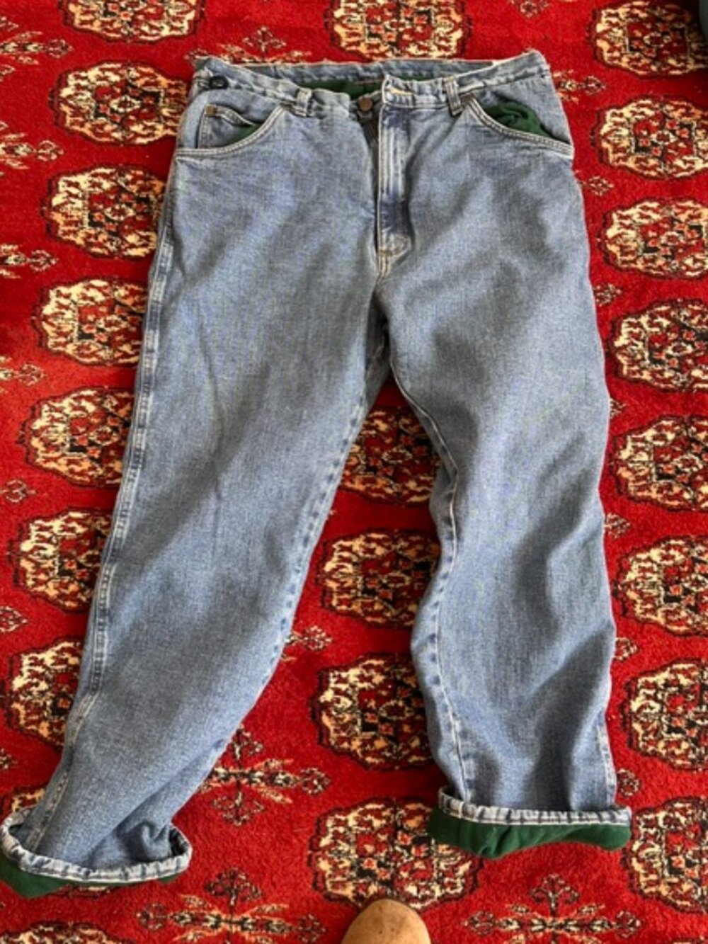 Wrangler Men's flannel lined Jeans 38 x 30 Green flannel in great condition